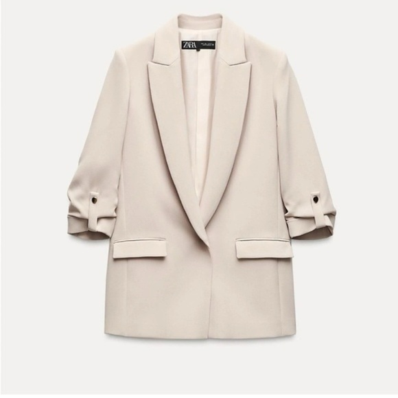 Zara Jackets & Blazers - Zara Sand Open Front Blazer with Rolled-Up Sleeves M